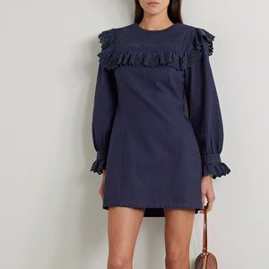 Doen Ruffled Cotton Mini Dress Navy Blue Size Women's Small